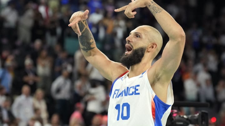 Aug 8, 2024; Paris, France; France shooting guard Evan Fournier (10) /celebrates after the game against Germany in a men's basketball semifinal game during the Paris 2024 Olympic Summer Games at Accor Arena. Mandatory Credit: Kyle Terada-USA TODAY Sports