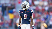 Nov 8, 2025; Tucson, Arizona, USA; Arizona Wildcats defensive back Ayden Garnes (9) against the Kansas Jayhawks at Arizona Stadium. Mandatory Credit: Mark J. Rebilas-Imagn Images