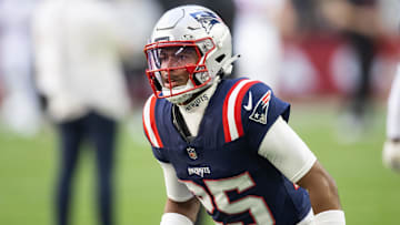 Dec 15, 2024; Glendale, Arizona, USA; New England Patriots cornerback Marcus Jones (25) against the Arizona Cardinals at State Farm Stadium. Mandatory Credit: Mark J. Rebilas-Imagn Images