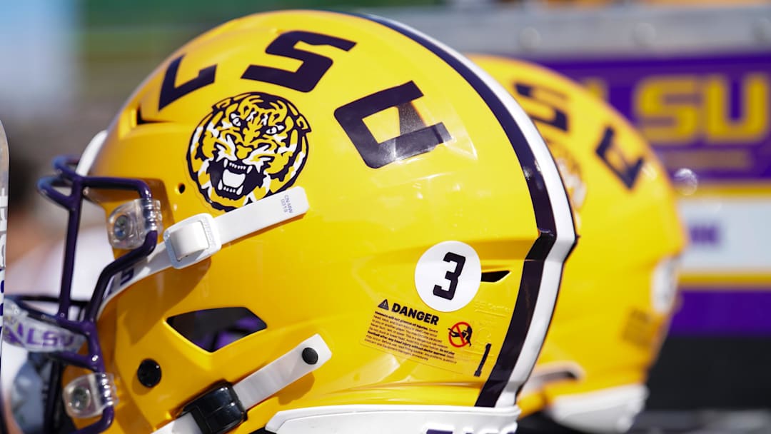 LSU Tigers helmet against the Missouri Tigers during the first half at Faurot Field at Memorial Stadium. LSU Tigers helmet against the Missouri Tigers during the first half at Faurot Field at Memorial Stadium.
