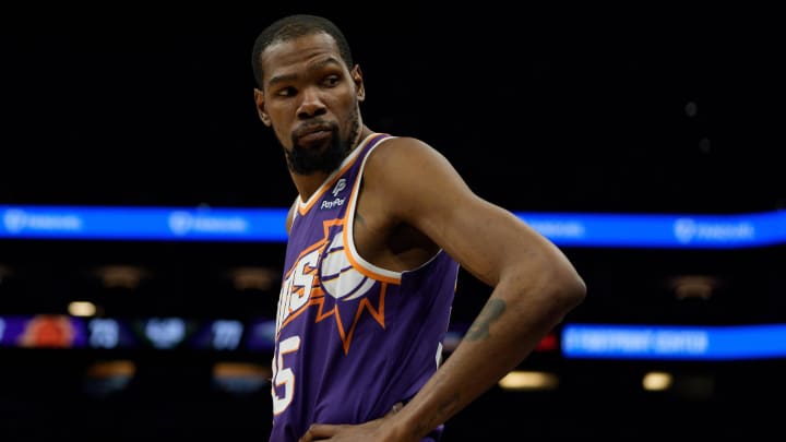 Apr 7, 2024; Phoenix, Arizona, USA;  Phoenix Suns forward Kevin Durant (35) reacts between plays against the New Orleans Pelicans in the second half at Footprint Center. Mandatory Credit: Allan Henry-USA TODAY Sports