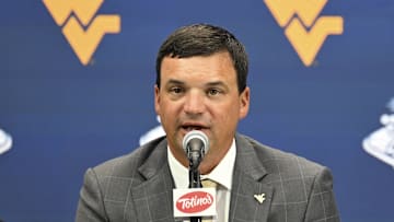 Jul 10, 2024; Las Vegas, NV, USA; West Virginia head coach Neal Brown speaks to the media during the Big 12 Media Days at Allegiant Stadium. Mandatory Credit: Candice Ward-Imagn Images