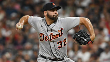 Jul 15, 2022; Cleveland, Ohio, USA; Detroit Tigers relief pitcher Michael Fulmer (32) throws a pitch during the seventh inning against the Cleveland Guardians at Progressive Field.