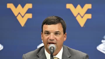 West Virginia head coach Neal Brown speaks to the media during the Big 12 Media Days at Allegiant Stadium. 
