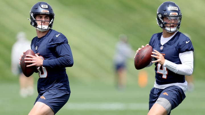 Denver Broncos QBs Bo Nix and Zach Wilson