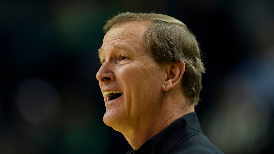 Oregon head coach Dana Altman looks on after a call as the Oregon Ducks host the UCLA Bruins on Jan. 28, 2026, at Matthew Knight Arena in Eugene, Oregon.
