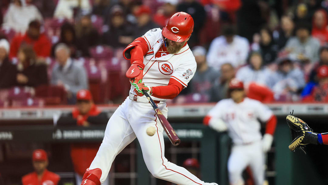 Mar 31, 2025; Cincinnati, Ohio, USA; Cincinnati Reds outfielder Jake Fraley (27) bats against the Texas Rangers in the second inning at Great American Ball Park. Mandatory Credit: Katie Stratman-Imagn Images