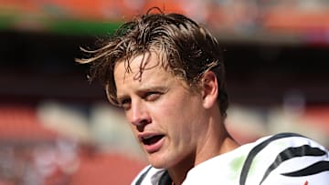 Sep 7, 2025; Cleveland, Ohio, USA; Cincinnati Bengals quarterback Joe Burrow (9) is interviewed after a game against the Cleveland Browns at Huntington Bank Field. Mandatory Credit: Scott Galvin-Imagn Images