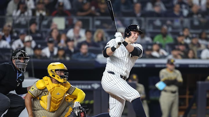 May 6, 2025; Bronx, New York, USA; New York Yankees first baseman Ben Rice (22) hits a two run double in the seventh inning against the San Diego Padres at Yankee Stadium. Mandatory Credit: Wendell Cruz-Imagn Images May 6, 2025; Bronx, New York, USA; New York Yankees first baseman Ben Rice (22) hits a two run double in the seventh inning against the San Diego Padres at Yankee Stadium. Mandatory Credit: Wendell Cruz-Imagn Images