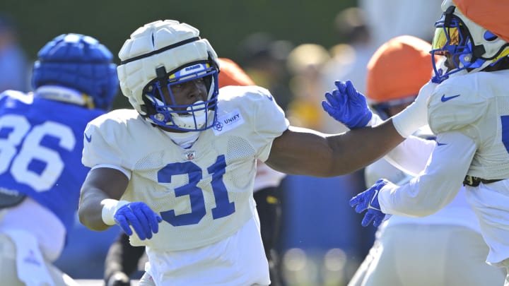 Jul 29, 2024; Los Angeles, CA, USA; Los Angeles Rams linebacker Nick Hampton (31) participates in drills during training camp at Loyola Marymount University. Mandatory Credit: Jayne Kamin-Oncea-USA TODAY Sports