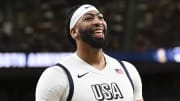 Jul 10, 2024; Las Vegas, Nevada, USA; USA forward Anthony Davis (14) looks on during the fourth quarter against Canada in the USA Basketball Showcase at T-Mobile Arena. Mandatory Credit: Candice Ward-USA TODAY Sports