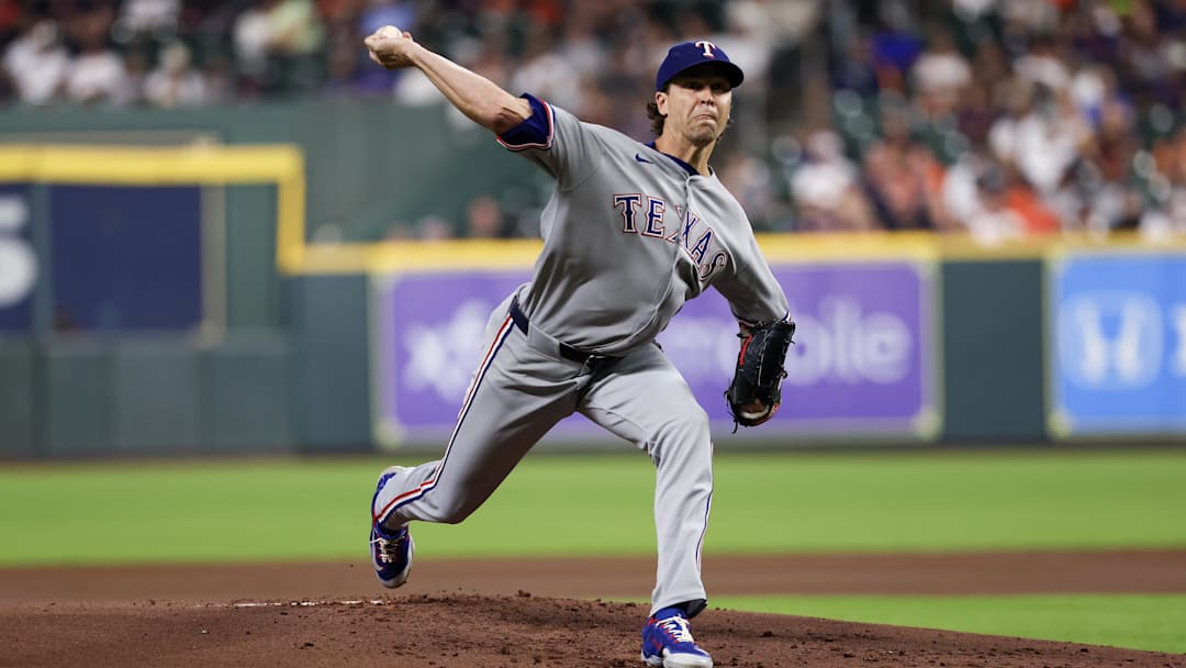 Sep 17, 2025; Houston, Texas, USA; Texas Rangers starting pitcher Jacob deGrom (48) pitches against the Houston Astros in the first inning at Daikin Park.
