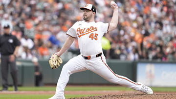 May 4, 2025; Baltimore, Maryland, USA; Baltimore Orioles pitcher Keegan Akin (45) delivers a pitch against the Kansas City Royals during the sixth inning at Oriole Park at Camden Yards.