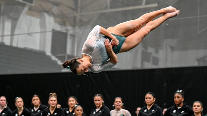 Michigan State's Elle Beaufait competes in the floor event on Friday, Feb. 9, 2024, during the