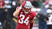 Oct 25, 2025; Pullman, Washington, USA; Washington State Cougars safety Brody Miller (34) celebrates after a play against the Toledo Rockets in the first half at Gesa Field at Martin Stadium. Mandatory Credit: James Snook-Imagn Images