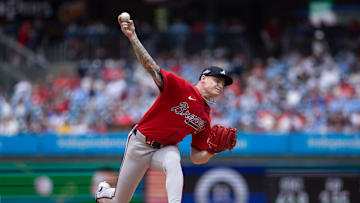 May 29, 2025; Philadelphia, Pennsylvania, USA; Atlanta Braves pitcher AJ Smith-Shawver (32) throws a pitch during the second inning against the Philadelphia Phillies at Citizens Bank Park. Mandatory Credit: Bill Streicher-Imagn Images