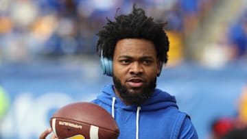 Oct 25, 2025; Pittsburgh, Pennsylvania, USA; Pittsburgh Panthers Pittsburgh Panthers running back Desmond Reid (0) warms up before the game against the North Carolina State Wolfpack at Acrisure Stadium. Mandatory Credit: Charles LeClaire-Imagn Images