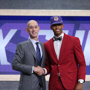 Jun 20, 2019; Brooklyn, NY, USA; Jarrett Culver (Texas Tech) greets NBA commissioner Adam Silver after being selected as the number six overall pick to the Minnesota Timberwolves in the first round of the 2019 NBA Draft at Barclays Center. Mandatory Credit: Brad Penner-Imagn Images