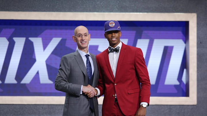 Jun 20, 2019; Brooklyn, NY, USA; Jarrett Culver (Texas Tech) greets NBA commissioner Adam Silver after being selected as the number six overall pick to the Minnesota Timberwolves in the first round of the 2019 NBA Draft at Barclays Center. Mandatory Credit: Brad Penner-Imagn Images