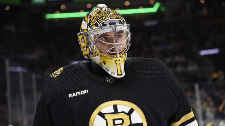 Apr 9, 2024; Boston, Massachusetts, USA; Boston Bruins goaltender Jeremy Swayman (1) during the second period against the Carolina Hurricanes at TD Garden. Mandatory Credit: Bob DeChiara-USA TODAY Sports