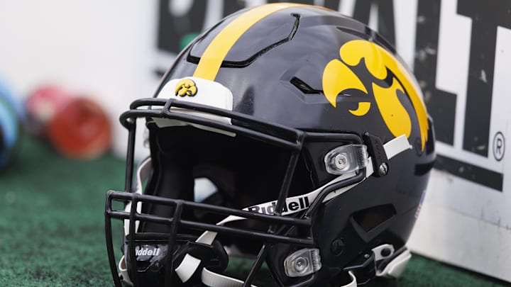 Oct 14, 2023; Madison, Wisconsin, USA; General view of an Iowa Hawkeyes helmet during the game against the Wisconsin Badgers at Camp Randall Stadium. Mandatory Credit: Jeff Hanisch-Imagn Images