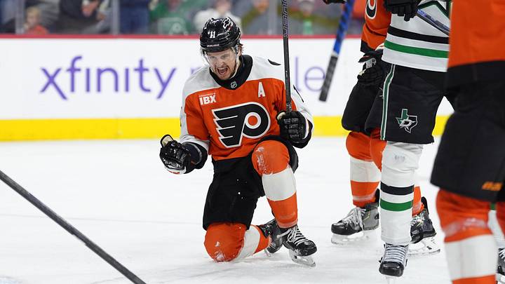 Mar 29, 2026; Philadelphia, Pennsylvania, USA; Philadelphia Flyers right wing Travis Konecny (11) reacts after scoring a goal against the Dallas Stars in the second period at Xfinity Mobile Arena.