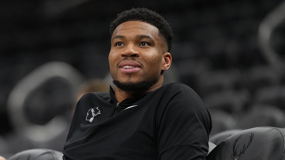 Apr 10, 2026; Milwaukee, Wisconsin, USA;  Milwaukee Bucks forward Giannis Antetokounmpo looks on during warmups prior to the game against the Brooklyn Nets at Fiserv Forum. Mandatory Credit: Jeff Hanisch-Imagn Images