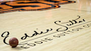 Nov 29, 2017; Stillwater, OK, USA; A view of the Eddie Sutton Court logo before the Oklahoma State Cowboys game at Gallagher-Iba Arena. Mandatory Credit: Rob Ferguson-Imagn Images