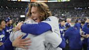 Oct 31, 2025; Toronto, Ontario, CAN; Los Angeles Dodgers pitcher Blake Snell (7) and pitcher Tyler Glasnow (31) celebrate after defeating the Toronto Blue Jays in the 2025 MLB World Series at Rogers Centre. Mandatory Credit: John E. Sokolowski-Imagn Images