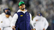Notre Dame head coach Marcus Freeman looks on during the first half of a NCAA football game against Navy at Notre Dame Stadium on Saturday, Nov. 8, 2025, in South Bend.