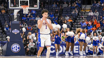 Mar 14, 2025; Nashville, TN, USA;  Florida Gators guard Walter Clayton Jr. (1) reacts after a made three point basket  against the Missouri Tigers during the first half at Bridgestone Arena. Mandatory Credit: Steve Roberts-Imagn Images