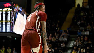 Mar 4, 2025; Nashville, Tennessee, USA;  Arkansas Razorbacks forward Trevon Brazile (4) reacts after a made three point basket  against the Vanderbilt Commodores during the second half at Memorial Gymnasium. Mandatory Credit: Steve Roberts-Imagn Images