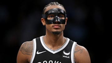 Apr 10, 2024; Brooklyn, New York, USA; Brooklyn Nets center Nic Claxton (33) during the third quarter against the Toronto Raptors at Barclays Center. Mandatory Credit: Brad Penner-Imagn Images