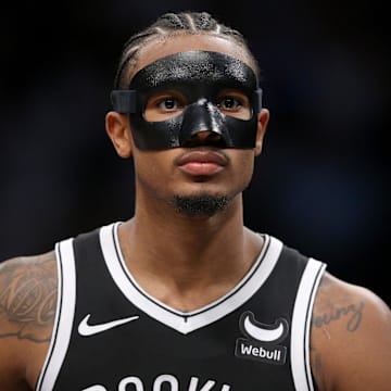 Apr 10, 2024; Brooklyn, New York, USA; Brooklyn Nets center Nic Claxton (33) during the third quarter against the Toronto Raptors at Barclays Center. Mandatory Credit: Brad Penner-Imagn Images