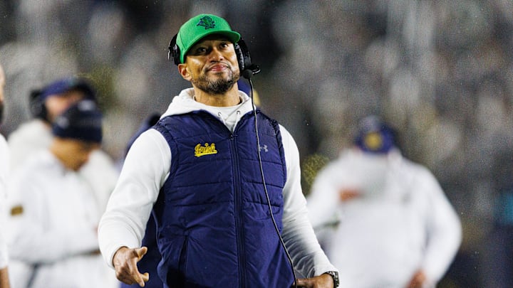 Notre Dame head coach Marcus Freeman looks on during the first half of a NCAA football game against Navy at Notre Dame Stadium on Saturday, Nov. 8, 2025, in South Bend.