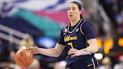 Mar 7, 2025; Greensboro, NC, USA;  California Golden Bears forward Marta Suarez (7) dribbles the ball during the first quarter against Notre Dame Fighting Irish at First Horizon Coliseum. Mandatory Credit: Cory Knowlton-Imagn Images