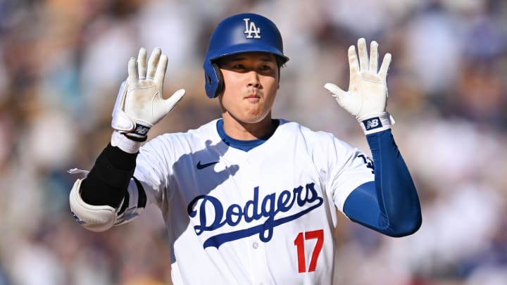 Jul 21, 2024; Los Angeles, California, USA; Los Angeles Dodgers designated hitter Shohei Ohtani (17) celebrates after hitting a solo home run against the Boston Red Sox during the fifth inning at Dodger Stadium. Mandatory Credit: Jonathan Hui-USA TODAY Sports