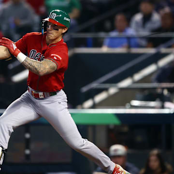 Mar 15, 2023; Phoenix, Arizona, USA; Mexico outfielder Jarren Duran against Canada during the World Baseball Classic at Chase Field. Mandatory Credit: Mark J. Rebilas-USA TODAY Sports
