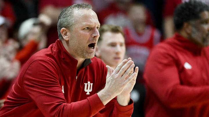 Jan 27, 2026; Bloomington, Indiana, USA; Indiana Hoosiers head coach Darian DeVries claps his hands against the Purdue Boilermakers during the first half at Simon Skjodt Assembly Hall. Mandatory Credit: Robert Goddin-Imagn Images