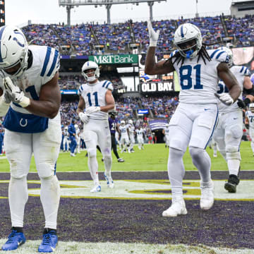 Sep 24, 2023; Baltimore, Maryland, USA; Indianapolis Colts running back Zack Moss (21) reacts after