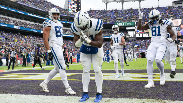 Sep 24, 2023; Baltimore, Maryland, USA; Indianapolis Colts running back Zack Moss (21) reacts after