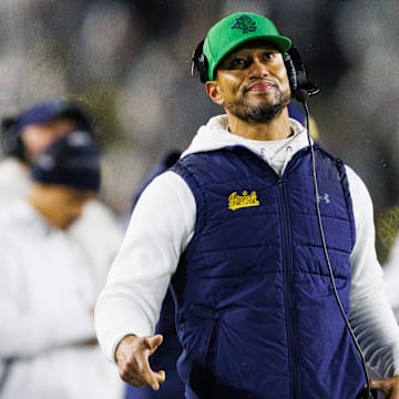 Notre Dame head coach Marcus Freeman looks on during the first half of a NCAA football game against Navy at Notre Dame Stadium on Saturday, Nov. 8, 2025, in South Bend.
