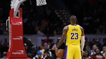 Apr 3, 2024; Washington, District of Columbia, USA; Los Angeles Lakers forward LeBron James (23) prepares for a free throw attempt against the Washington Wizards in the second half at Capital One Arena. Mandatory Credit: Geoff Burke-Imagn Images