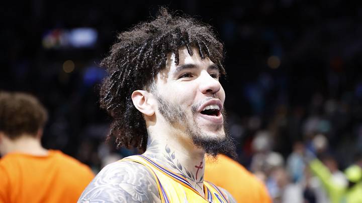 Jan 31, 2026; Charlotte, North Carolina, USA; Charlotte Hornets guard LaMelo Ball (1) celebrates following the win over the San Antonio Spurs at Spectrum Center. Mandatory Credit: Brian Westerholt-Imagn Images