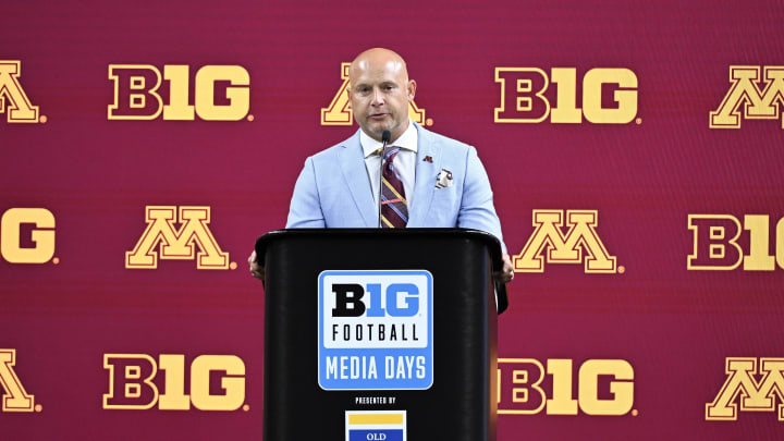 Jul 25, 2024; Indianapolis, IN, USA; Minnesota Golden Gophers head coach P.J. Fleck speaks to the media during the Big 10 football media day at Lucas Oil Stadium. Mandatory Credit: Robert Goddin-USA TODAY Sports