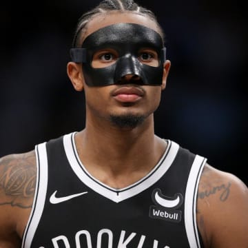 Apr 10, 2024; Brooklyn, New York, USA; Brooklyn Nets center Nic Claxton (33) during the third quarter against the Toronto Raptors at Barclays Center. Mandatory Credit: Brad Penner-USA TODAY Sports