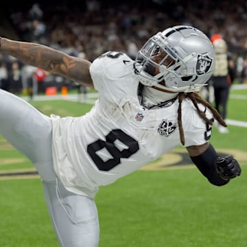 Dec 29, 2024; New Orleans, Louisiana, USA; Las Vegas Raiders running back Ameer Abdullah (8) celebrates a touchdown that was later ruled one yard short against the Las Vegas Raiders during the first half at Caesars Superdome. The Raiders eventually scored a field goal during the drive. Mandatory Credit: Matthew Hinton-Imagn Images