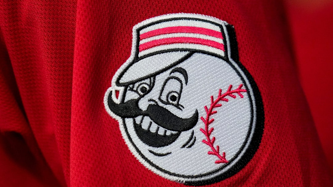 Cincinnati Reds third baseman Elly De La Cruz (44) wears an MLB Debut patch on his jersey in the first inning of the MLB National League game between the Cincinnati Reds and the LA Dodgers at Great American Ball Park in downtown Cincinnati on Tuesday, June 6, 2023. The Reds won 9-8 on a walk-off, bases loaded, single off the bat of shortstop Matt McLain (9) in the bottom of the ninth.