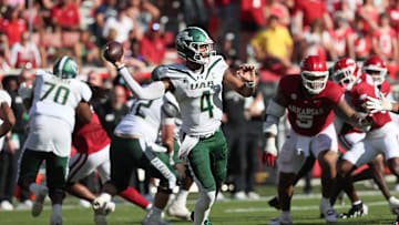 Sep 14, 2024; Fayetteville, Arkansas, USA; UAB Blazers quarterback Jacob Zeno (4) passes in the second quarter against the Arkansas Razorbacks at Donald W. Reynolds Razorback Stadium. Mandatory Credit: Nelson Chenault-Imagn Images