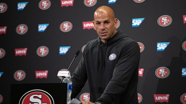 Jun 11, 2025; Santa Clara, CA, USA; San Francisco 49ers defensive coordinator Robert Saleh speaks to the media following a team OTA at Levi's Stadium. Mandatory Credit: D. Ross Cameron-Imagn Images